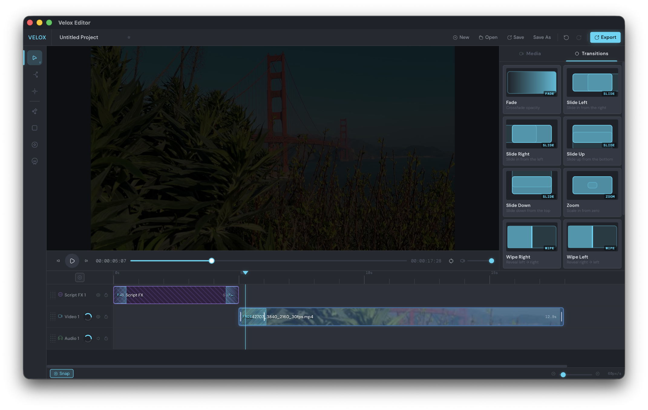 Transitions panel with fade, slide, zoom and wipe