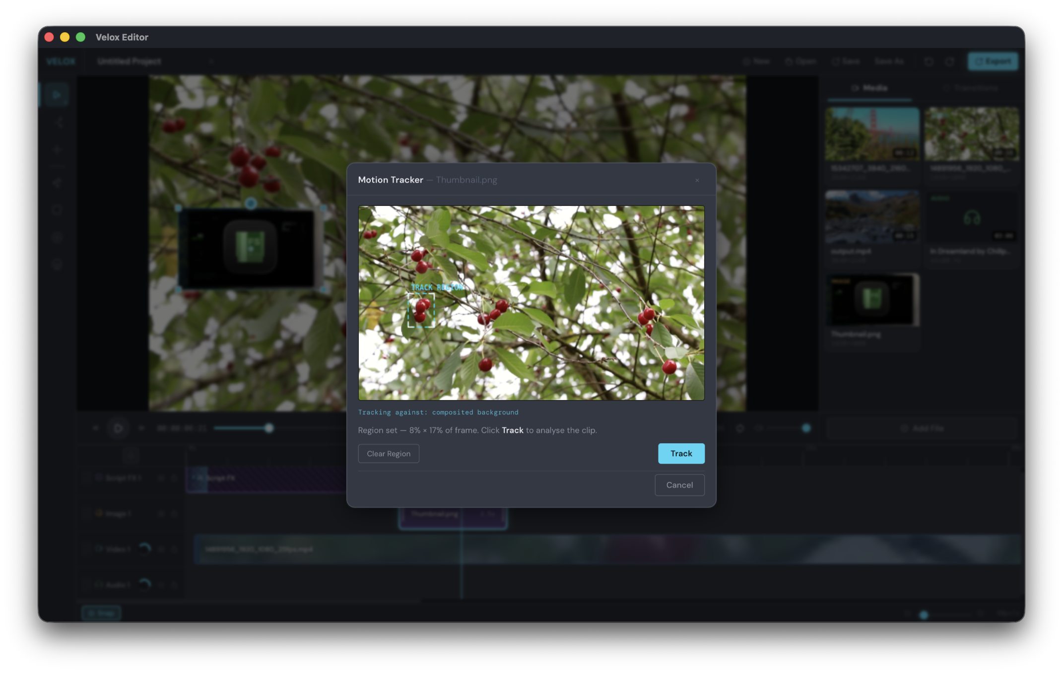Motion tracker analysing a clip region