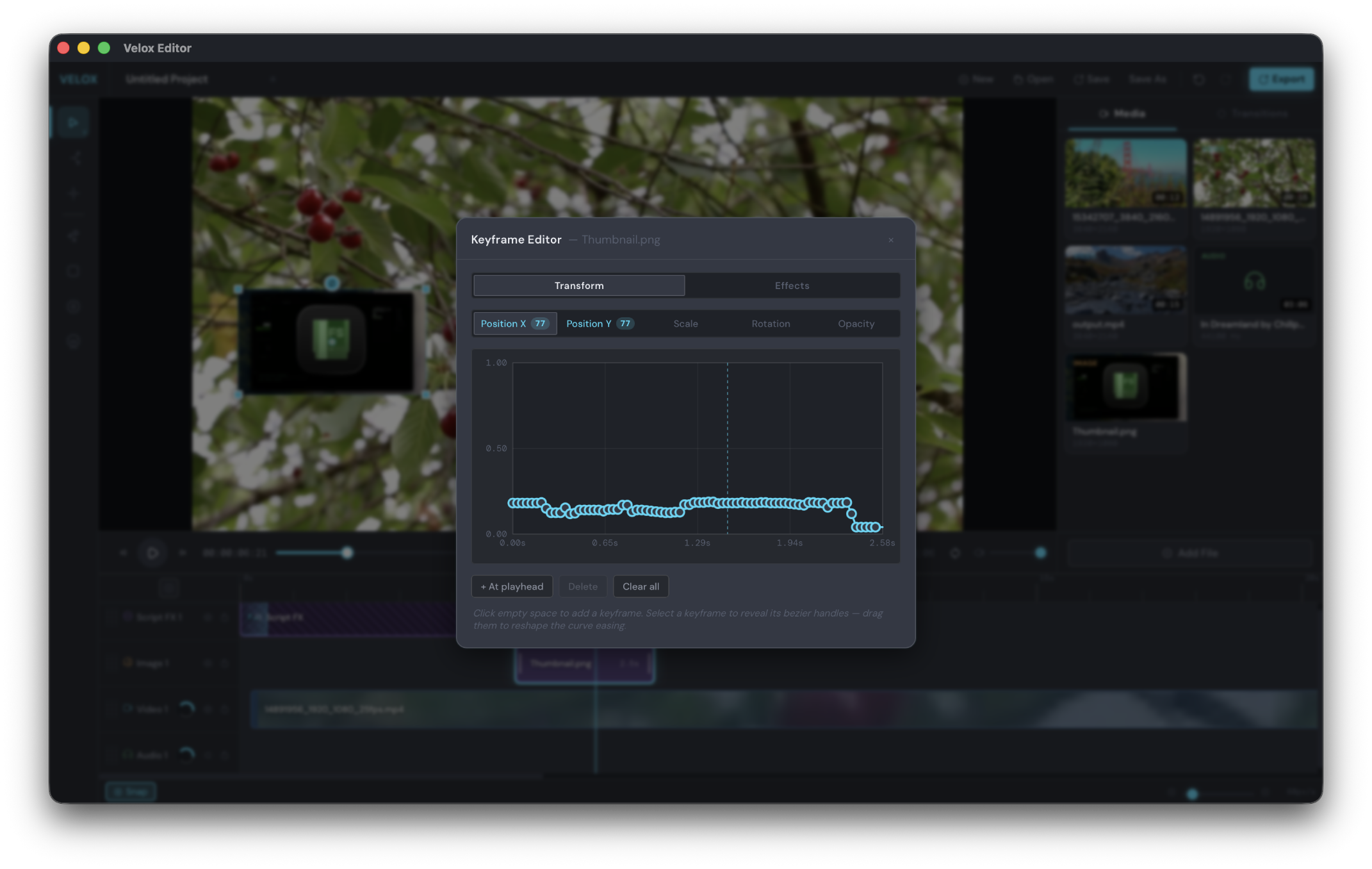 Keyframe editor showing transform animation curves