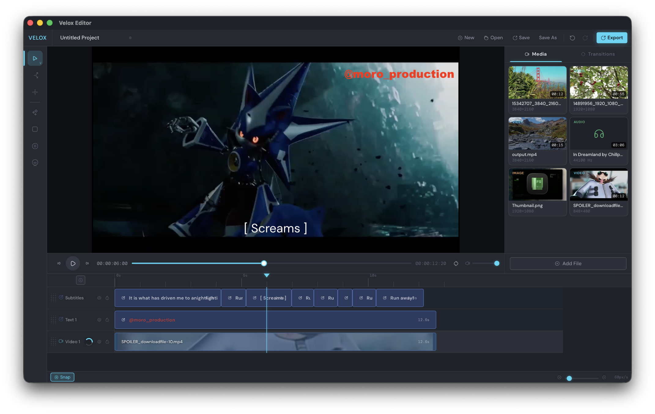 Velox multi-track timeline with subtitles and text